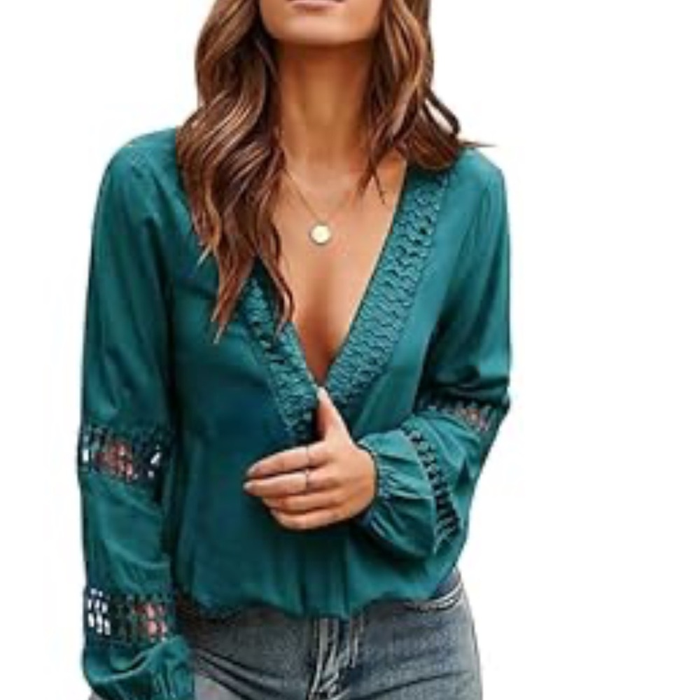 Elegant Teal Lace Trim Blouse
